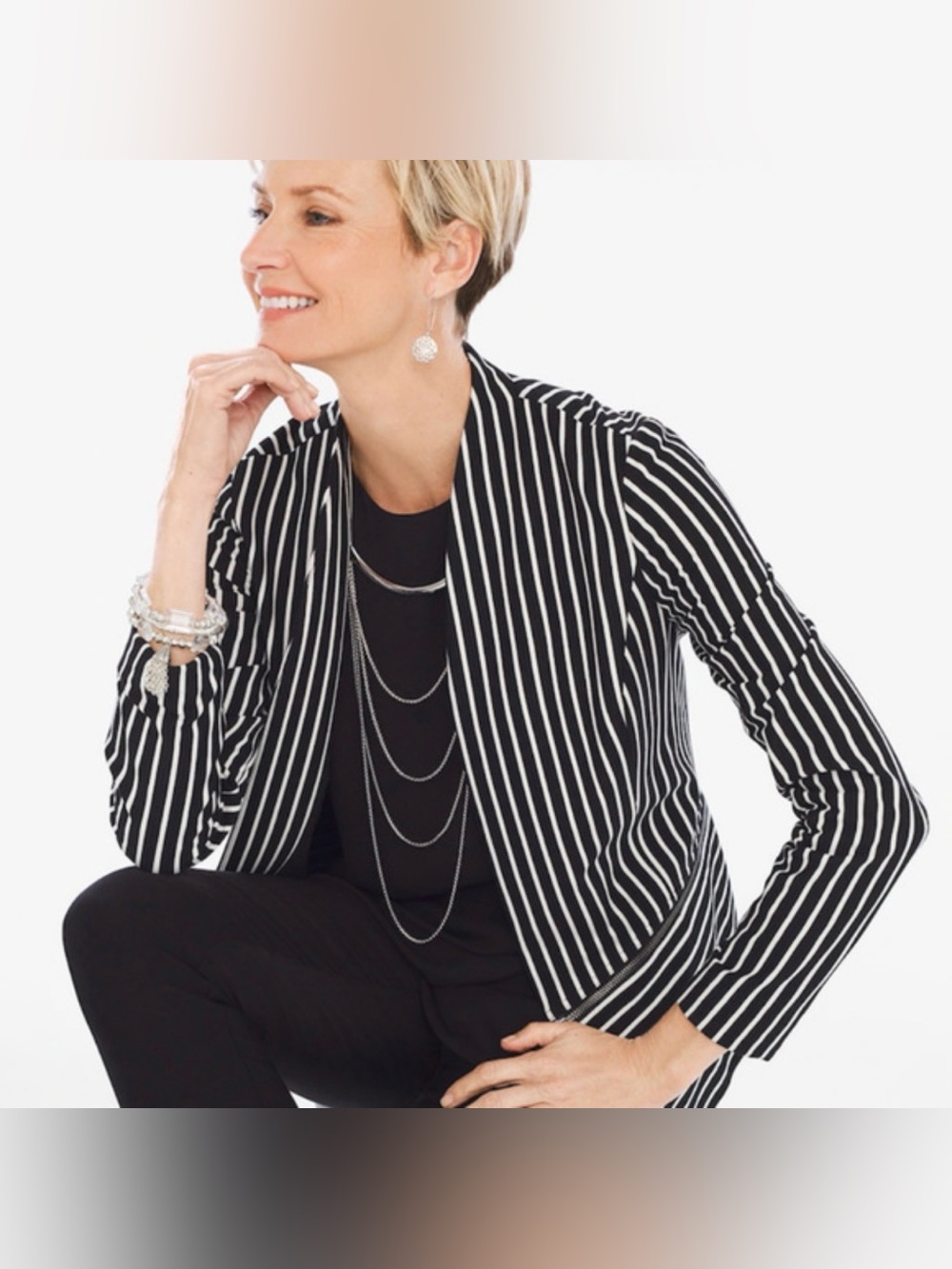 Chico's Black and White Striped Open Front Blazer
